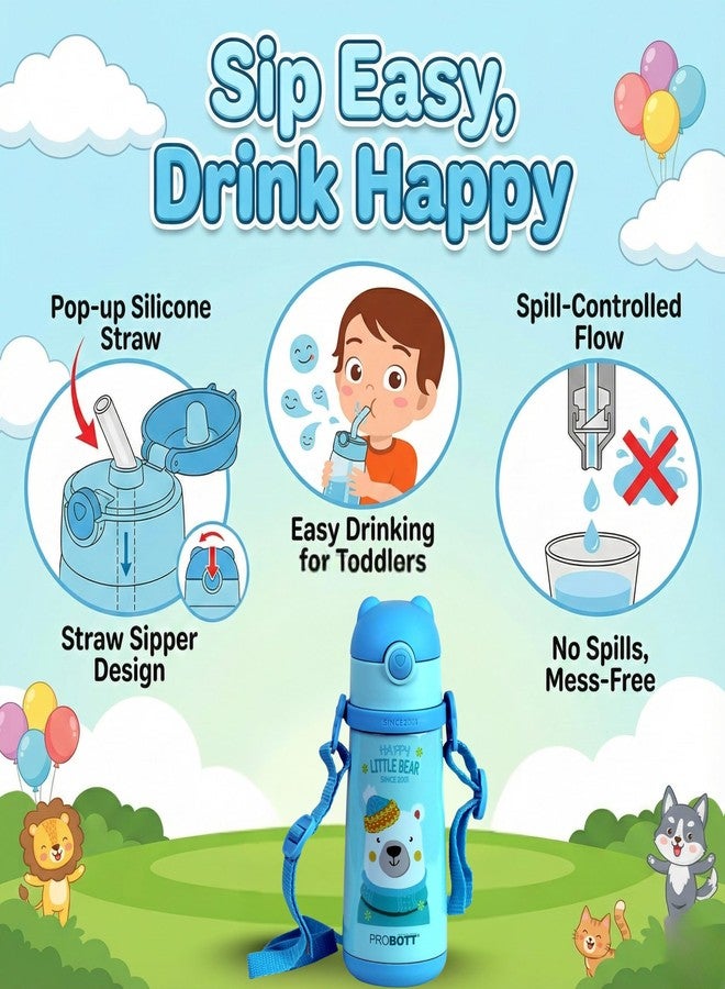 Probott School Champ 370ml Sipper Bottle for 3-5yrs Old Kids with Straw & Strap to Carry, Blue | Stainless Steel Hot & Cold Water Bottle | Double Walled Vacuum Flask | Perfect for Toddlers | Leakproof - Image 4